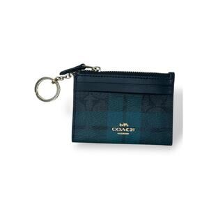 Coach Plaid Leather Zip Card Case Wallet Key Ring